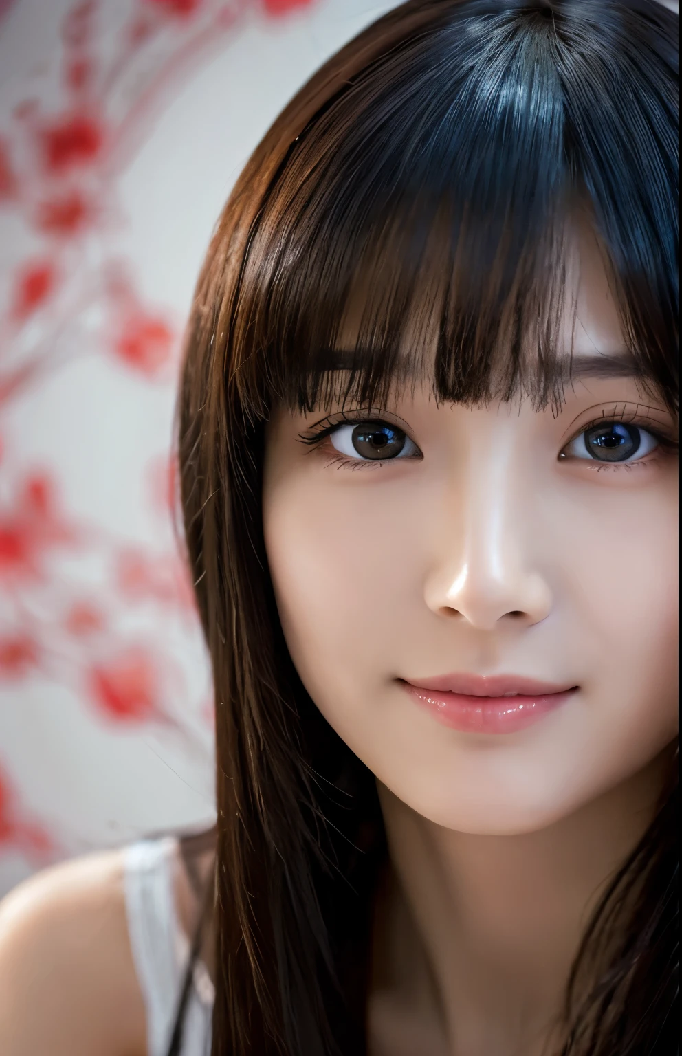 (surreal), (shape), (Improved resolution), (8k), (very detailed), (Best shape), (beautiful and detailed eyes), (highest quality), (Super detailed), (masterpiece ), ( wallpaper), (detailed face), alone, 1 girl, looking at the viewer, small details, detailed face, in the dark, deep shadow, private key, Pure erotic face ace_v1, smile, long hair, black shawl straight hair , 46 point diagonal bangs