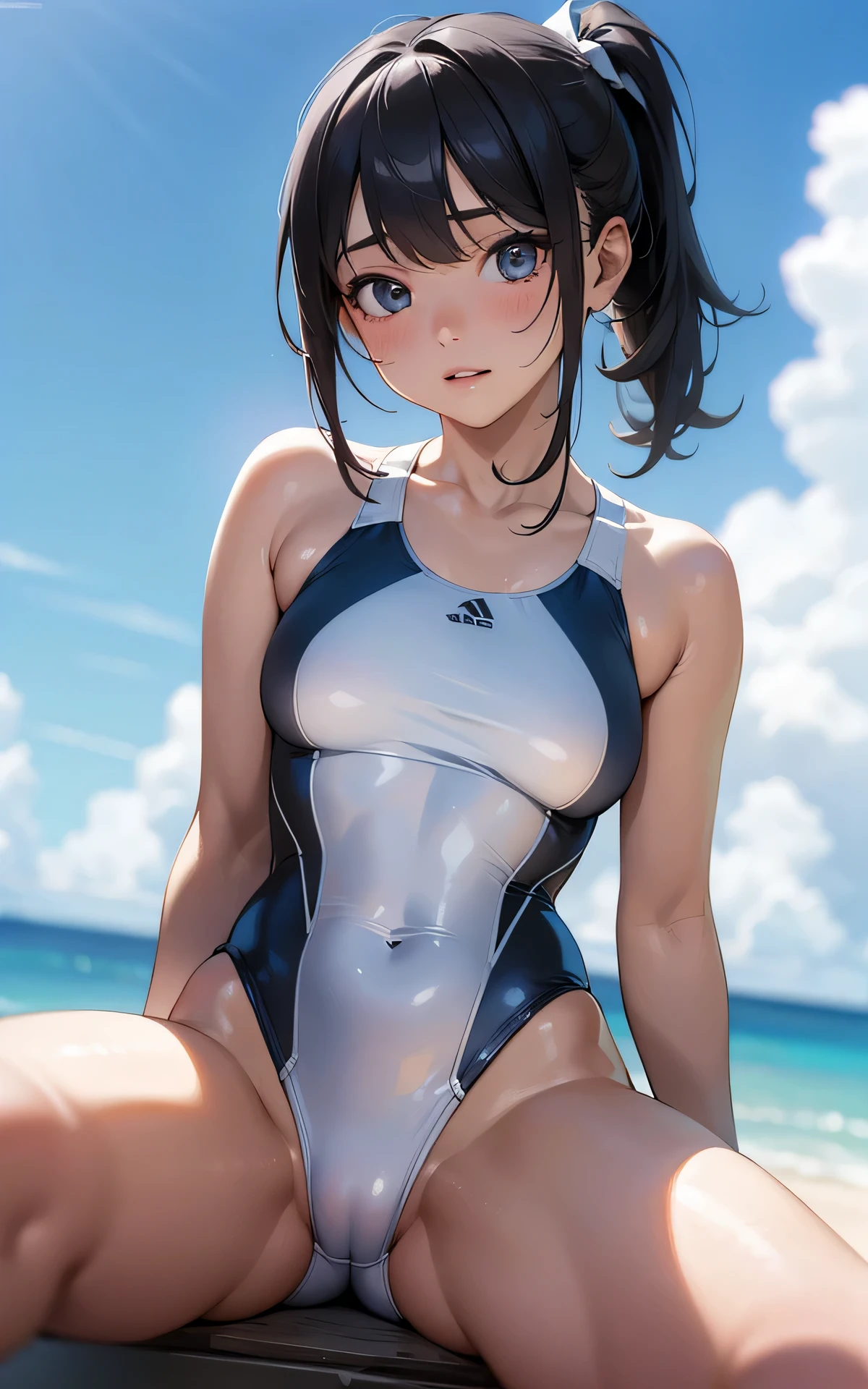 absurderes:2.0、realistic, Unity 8K Wallpaper, Masterpiece, Realistic face, Realistic skin feeling ,detailed hair, highly detailed, realistic glistening skin, Cute Girl, Perfect face, charming face, sitting, white racing swimsuit、pony tail,