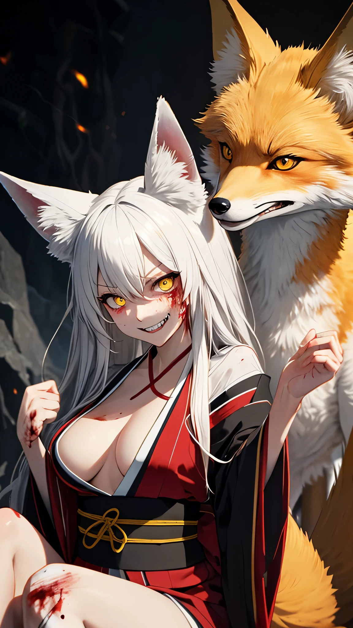 (masterpiece, best_quality, ultra-detailed, immaculate:1.3), portrait, upper body, detailed face, detailed hands, 1woman, epic, kitsune, ((9 tail fox)), foxgirl, japanese spirit, sexy kimono, ((Defeated, damaged, bloody, Injured, action pose)), ((seating pose)), angry face expression, grin, sharp teeth, predator's grin, curvy body, messy hair, disheveled hair, animal eyes, yellow fox glowing eyes, priestess of love, priestess of passion, dark deep cave background