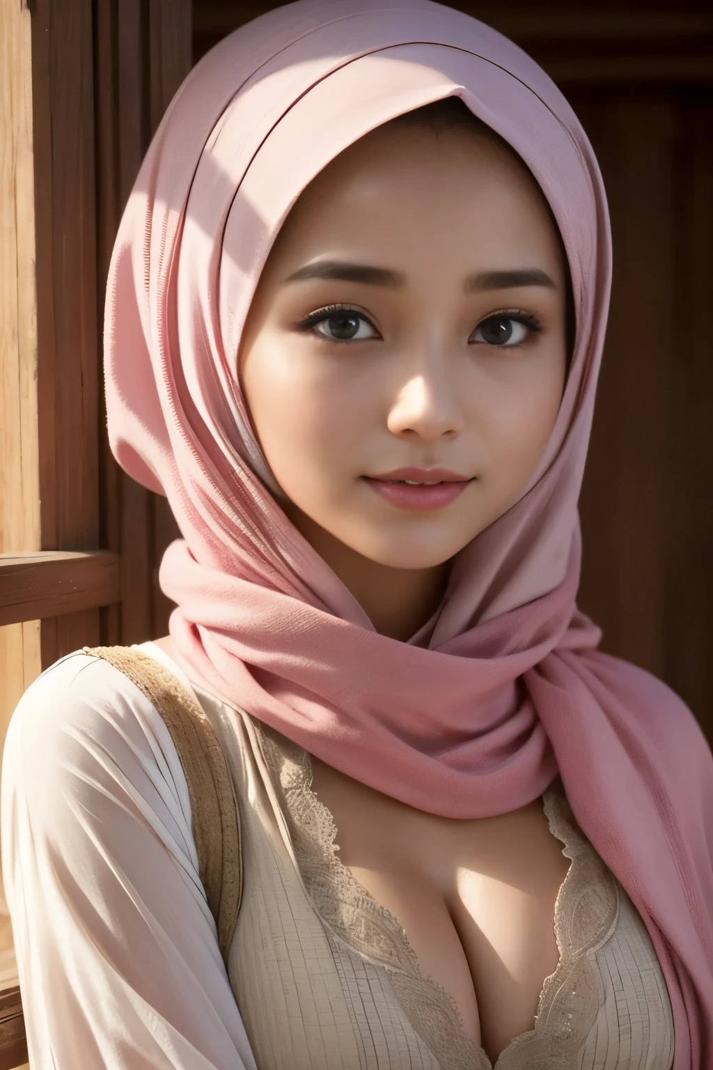 pink, colorful, tombraider, cleavage, hijabi, Absurd, ultra-detailed, high quality, masterpiece, detailed face, beautiful eyes(detailed eyes), javanese, gentle and graceful, face exudes warmth and kindness, eyes described as soft and comforting, gentle and steady gaze, overall appearance is simple and modest, The fabric of her garments is usually depicted as soft and earth-toned, beauty lies not in extravagant adornments, Her smile is serene and welcoming