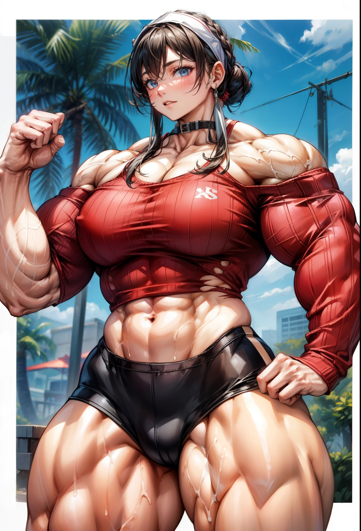 ,girl,, muscular female, alternate muscle size,,muscular ,biceps,muscular,pecs , thick thighs,yor briar,red off shoulder sweater,torn sweater