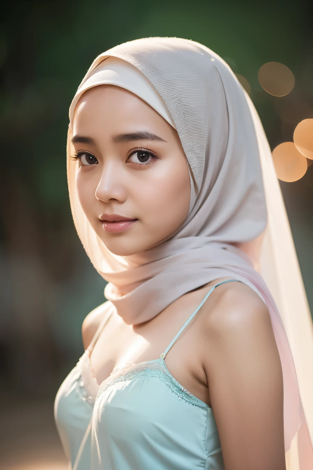 1 javanese girl , modern plain hijab, shy, medium portrait shot , watery eyes , glowing particles, wear pastel lingerie, light bokeh background, proportional body,