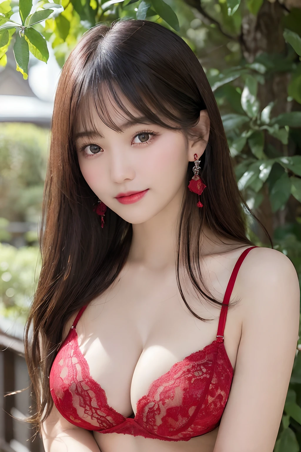 (A hyper-realistic), (illustratio), (hight resolution), (8K), (ighly detailed), (The best illustrations), (Beautiful detailed eyes), (top-quality), (ultra-detailliert), (masterpiece), (wall-paper), (Detailed face), (beautiful smiling face)、(beautiful countenance)、(A dark-haired)、((long))、 straight haired、Black eyes、Earrings with bangs、a necklace、 solo、(((Cute Japan Beautiful Girl)))、 ((20 year old Japan beautiful girl in red y lace lingerie))、 (((Red sexace bra)))、(((Red sexy l panties))ll sexy panties in coloaby face))、(((G Cup Big)))、(((Huge breasts!!!))) (((Colossal!!)))、Equal to the size of body、Standing outdoors、((huge-breasted))、 (((Glamorous body)))、 graodel、Seduction poses、(R-18), Looking at the camera