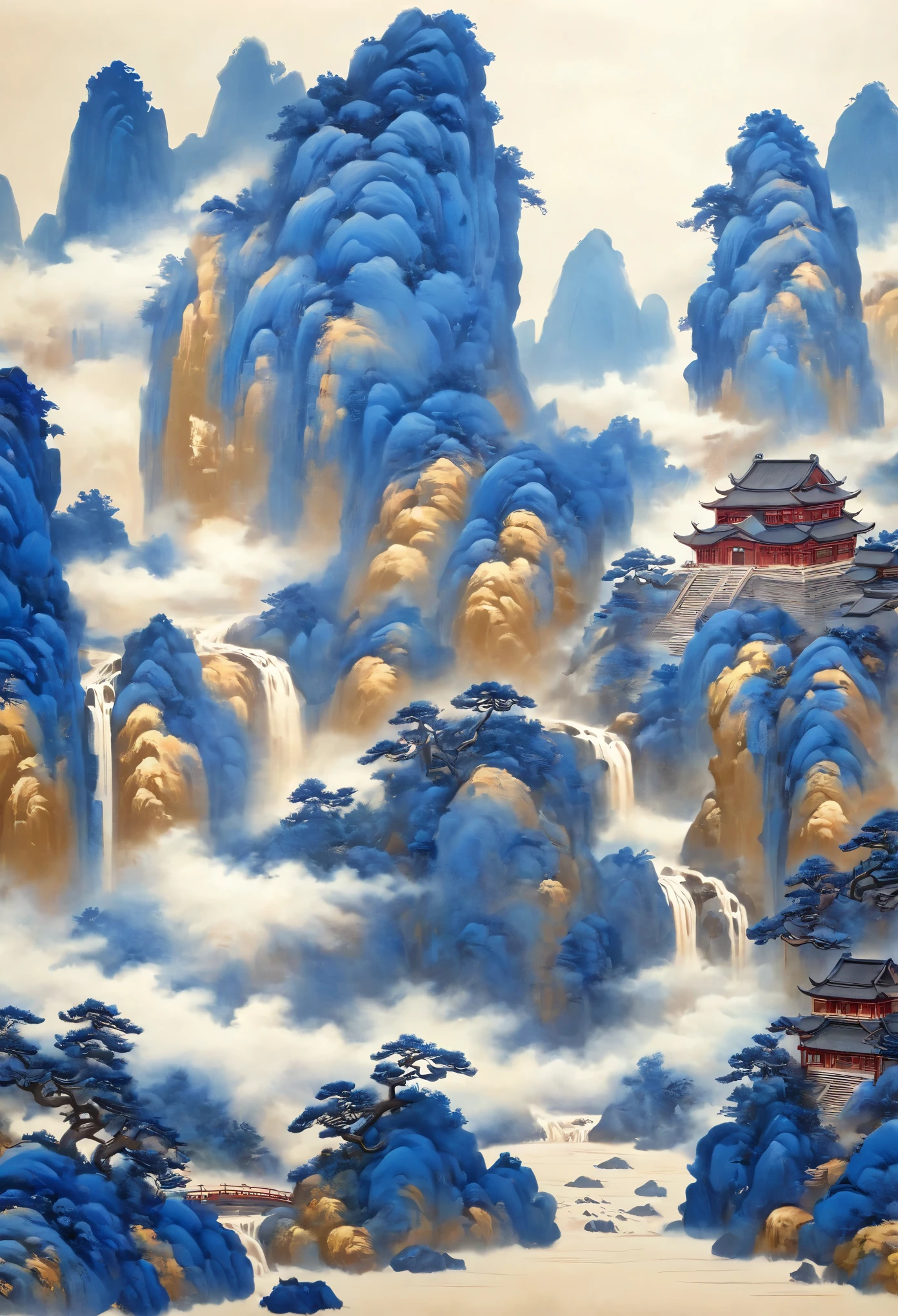 A majestic landscape painting，Meticulous，Inspired by thousands of miles of rivers and mountains，Fuchun Mountain Residence Map，Expression techniques of cirrus clouds，3D，traditional Chinese painting，Chinese landscape painting，ancient chinese architecture，cloud，vertical waterfall on cliff，Vibrant pine trees，fall，Takayama，Black：137，Mineral pigments，Ultramarine blue，Track gold，Clear outline，sketchy，Dry Lafa