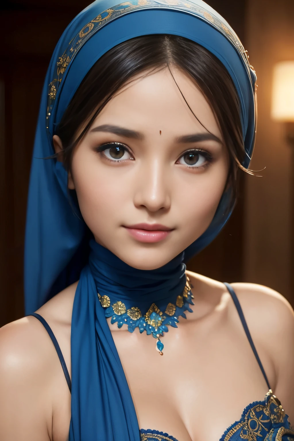 blue, colorful, tombraider, cleavage, hijabi, Absurd, ultra-detailed, high quality, masterpiece, detailed face, beautiful eyes(detailed eyes), javanese, gentle and graceful, face exudes warmth and kindness, eyes described as soft and comforting, gentle and steady gaze, overall appearance is simple and modest, The fabric of her garments is usually depicted as soft and earth-toned, beauty lies not in extravagant adornments, Her smile is serene and welcoming