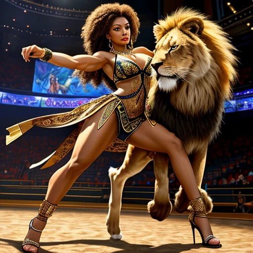 ultra-detailed, high ((best quality)), ((art)), majestic and intricately detailed smooth oil painting (beautiful black woman,Nigerian, muscular body, full body afro tattoos, graceful, 1 arena fighting with a lion, refined and elegant, cubism style, Salvador Dali style -ar 9:16 - v6
