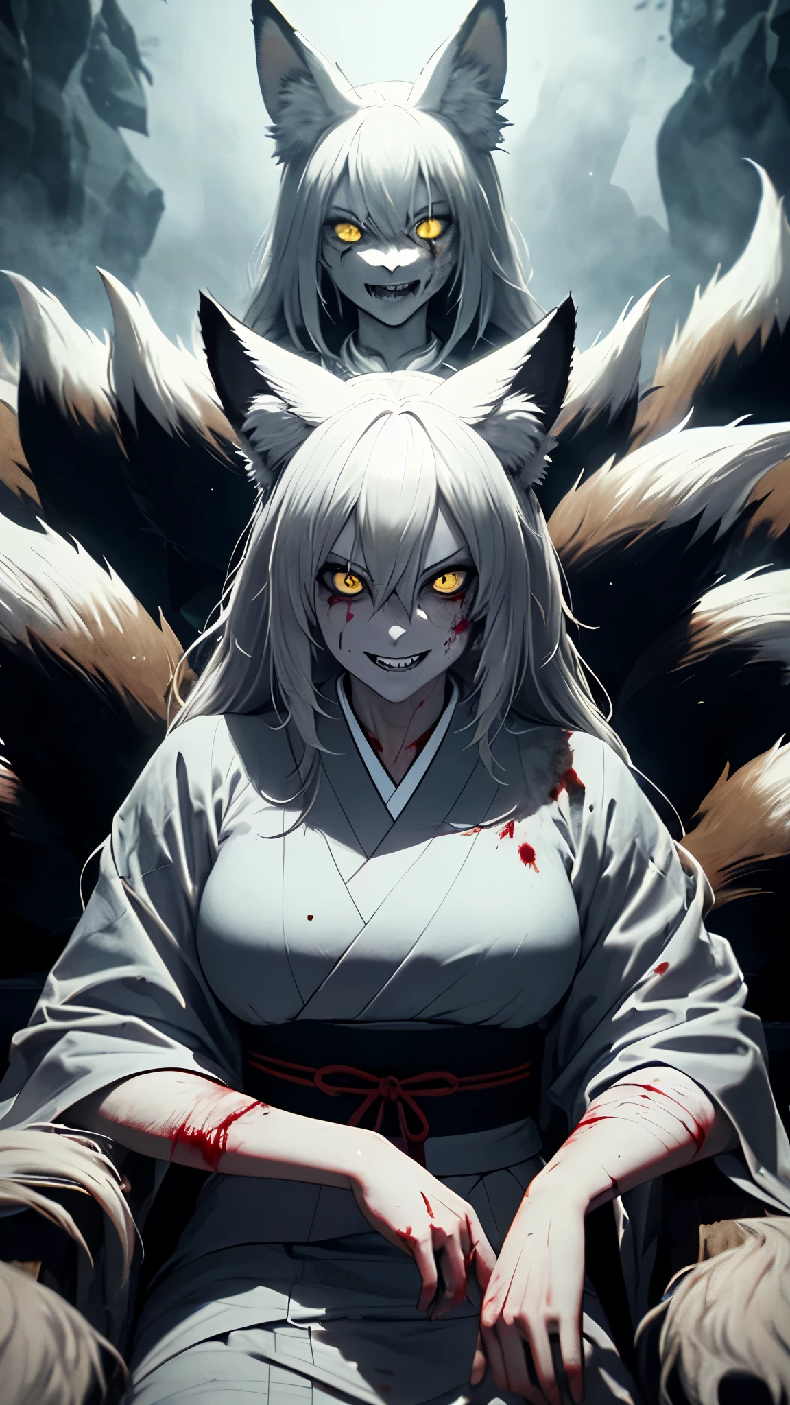 (masterpiece, best_quality, ultra-detailed, immaculate:1.3), portrait, upper body, detailed face, detailed hands, 1woman, epic, kitsune, ((9 tail fox)), foxgirl, japanese spirit, sexy kimono, ((Defeated, damaged, bloody, Injured, action pose)), ((seating pose)), angry face expression, grin, sharp teeth, predator's grin, curvy body, messy hair, disheveled hair, animal eyes, yellow fox glowing eyes, priestess of love, priestess of passion, ((shadows, fog, mist, dark ambient)) dark deep cave background