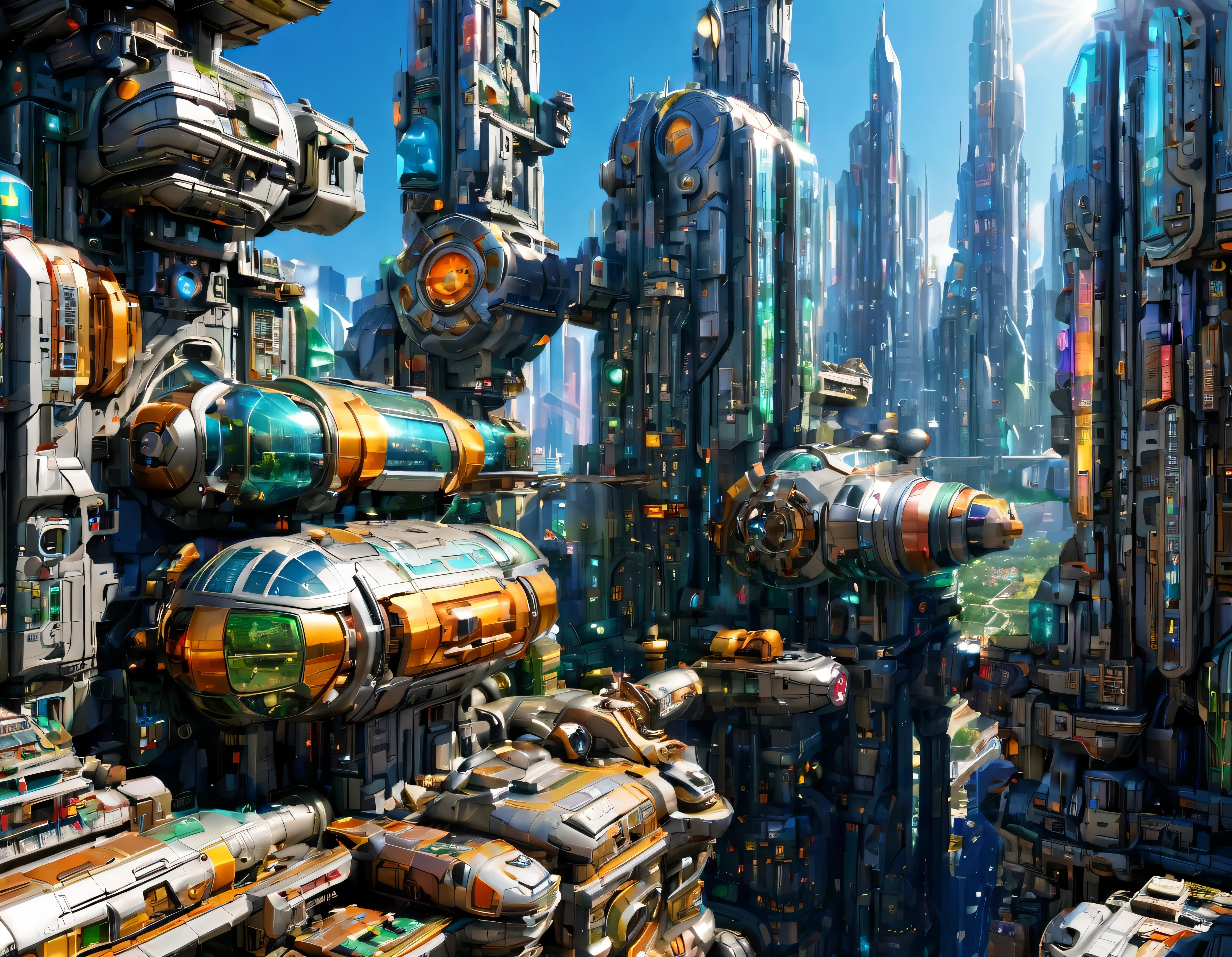 (sunny mid-morning lighting), megacity, megalopolis of an imaginary world of science fiction , parecido a una disneylandia futurista, and maximum fantasy, con inmensos edificios y rascacielos ovalados y dodecaedricos agrupados de metal y cristal donde predomina la plata y los anuncios luminosos de colores. imagen bien definida 8k, (intrincados detalles de la maquina), con muchos edificios juntos.(obra maestra de superior calidad).(imagen fotorrealista), nitidez absoluta hasta el fondo