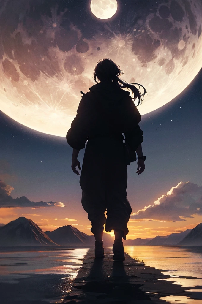 highest quality,big moon and shadow,A silhouette of a person can be seen against the background of the big moon.,There is one full moon,There is a mood,beautiful scenery,starry sky