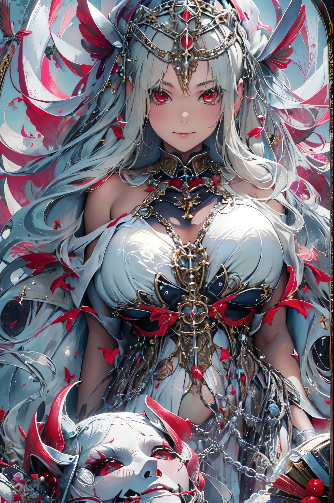 (masterpiece、highest quality、Mysterious、beautiful beautiful、perfect human body balance、official art:1.2)、(there's a devil behind her:1.3)、silver hair、red eyes、(1 girl:1.3)、(fractal art:1.0)、shiny skin、pattern、(magic、Book pages fly in the sky、magic陣:1.3)、(devil costume, nun:1.2), fullnude, exotic wallpaper、very colorful、abstract background、wonderful、(she is chained:1.4)、