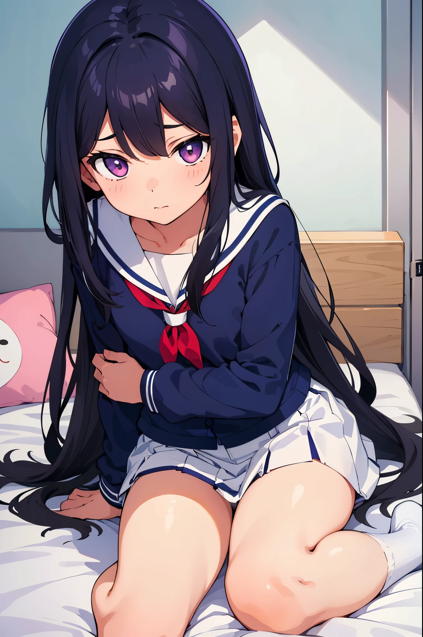 Elementary school girl, 8 years old, flat chest, black hair, long hair, purple eyes, embarrassed expression（One person） White sailor suit on the upper half, navy blue miniskirt on the lower half　White panties（（I can see her panties））White socks 　Sitting on the bed　 Dynamic Angle　Low - Angle