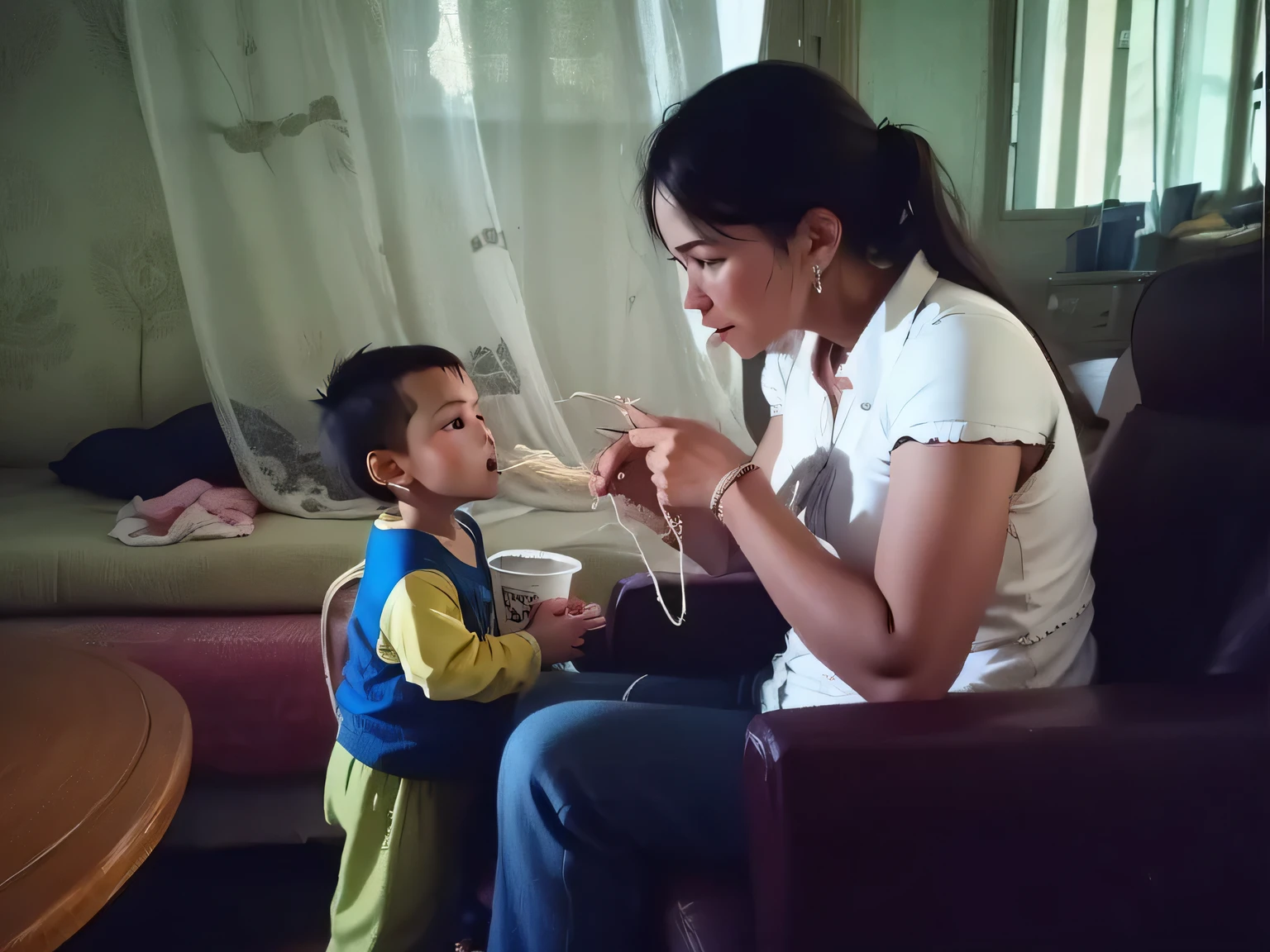 A child and a woman are sitting on the sofa, , Woman feeds noodles to son, child looking at mother