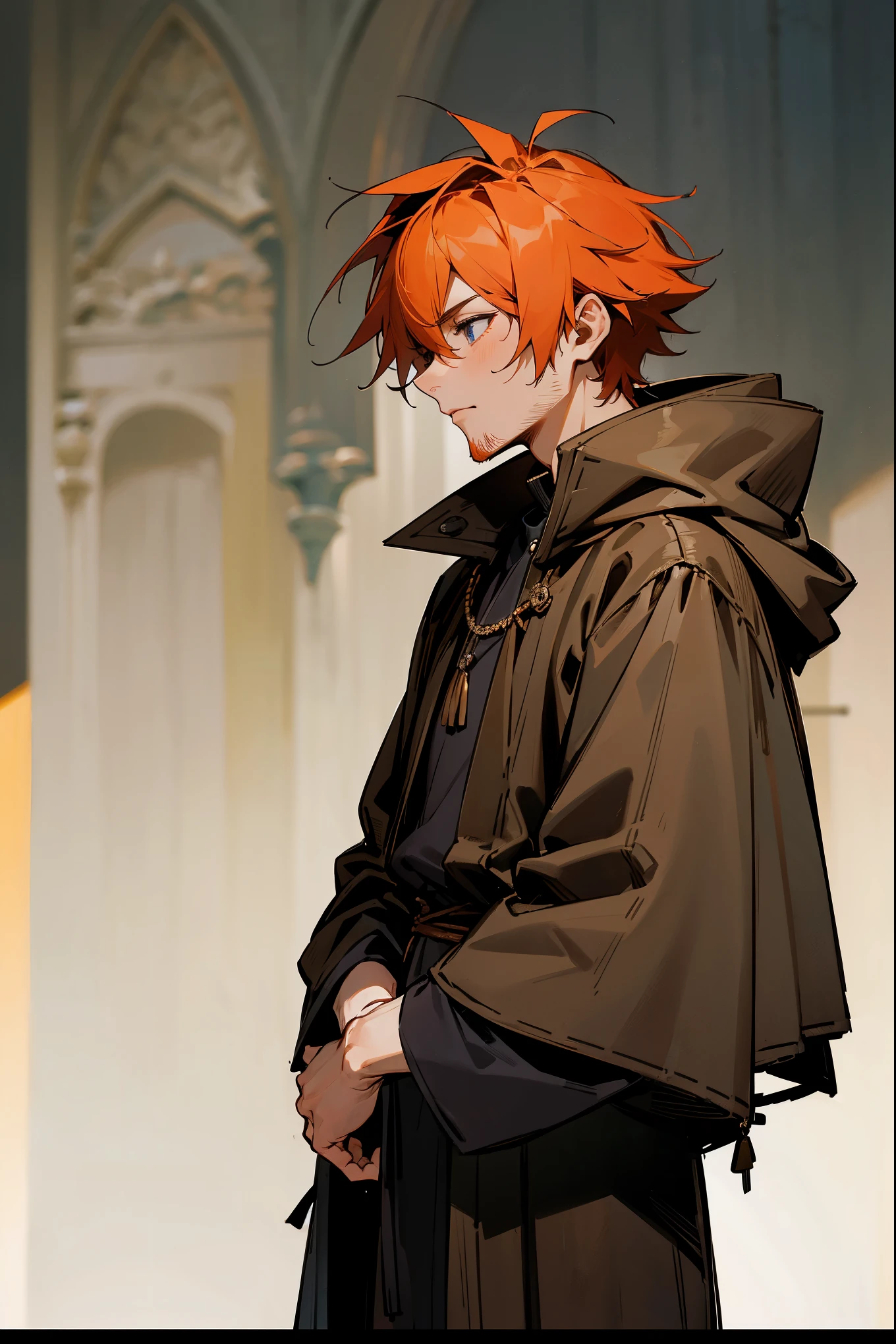 1male, orange hair, stubble, long messy scruffed hair, old medieval clothing, black over coat, white wrappings, guild hall background, detailed background, standing on path