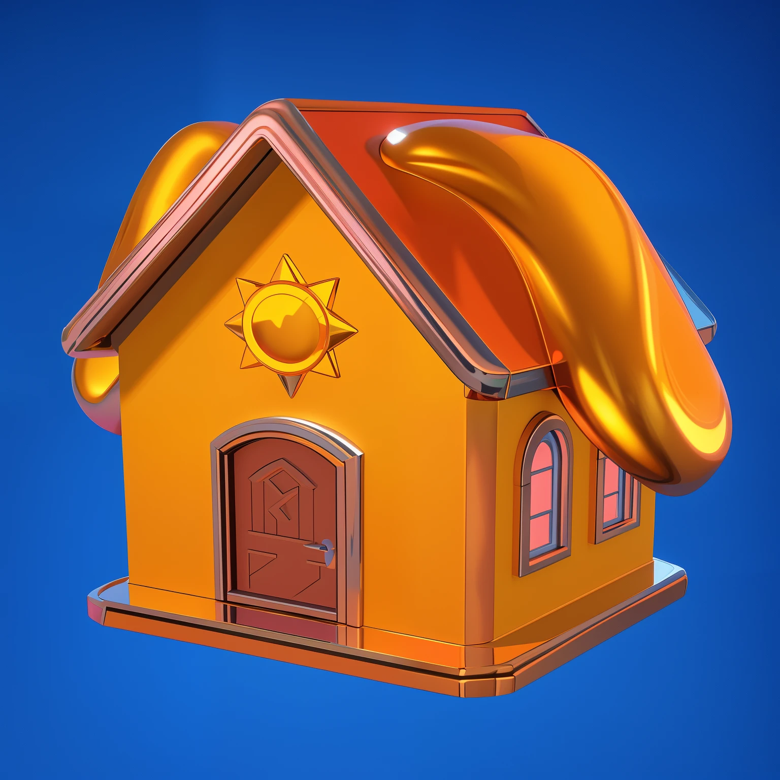 there is a house with ears on the roof, 3D icon for mobile game, sunshine and quaint houses, round house and cute character, in a Candy Land style house, Isometric 3d fantasy sweet home, stylized 3D rendering, Game icon stylized, stylized digital illustration, 3D rendering stylized, stylized 3d render. 3D icon for mobile game, Isometric 3d fantasy sweet home, stylized 3D rendering, 3D rendering stylized, stylized digital illustration, fantastic house, stylized 3d render, cute 3D rendering, Game icon stylized, Особняк Vaporwave, 3 d stylize scene. glossy texture, smooth 3d model, multiple light sources, rim light, sharp post effects render, (glossy metallic texture with multiple big light probe refractions), perfect cgi, cgi art created only with gradients, smooth silhouette, high intensity refraction, (super glossy chrome material), most beautiful vfx, blue background, chrome metal refractions