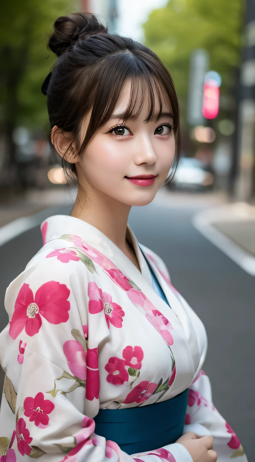 table top, highest quality, shape, Super detailed, finely, High resolution, 8k wallpaper, 完璧なダイナミックな構shape, finelyて美しい目,bun hair,small breasts natural color lip, sexy pose,smile,Harajuku、20 year old girl、cute、looking at camera, kimono