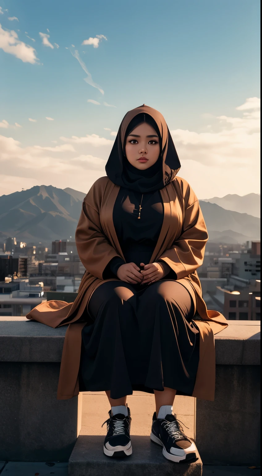 there is a woman sitting down with a longest brown hair, bbwchan, thicc, brown hijab outfit, brown hairstyle model, korean girl, korean woman, wearing brown robe, full length shot, alluring plus sized model, japanese goddess, clothed in hooded, voluptuous and arousing, portrait shot, curvy model, voluptuous body, wonderful, nene tanaka body , bbwchan, The overall atmosphere is smooth , haunting illustrations, extremely high-resolution details, photographic, realism pushed to extreme, fine texture, 4k, ultra-detailed, high quality, high contrast, red sneakers , cold atmosphere ,, cold atmosphere