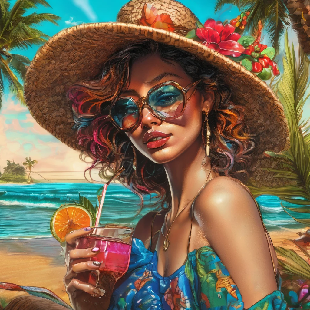 beach parties, aesthetic, extremely detailed, Spiderman, straw hat in the head, drinking a cocktail, sitting in the beach, coconut trees, waves, sands, Hyperrealistic, splash art, concept art, mid shot, intricately detailed, color depth, dramatic, 2/3 face angle, side light, colorful background, (best quality, 4k, 8k, highres, masterpiece:1.2), ultra-detailed, (realistic, photorealistic, photo-realistic:1.37), HDR, UHD, studio lighting, extreme detail description, professional, vivid colors, bokeh, beach, portraits, landscape