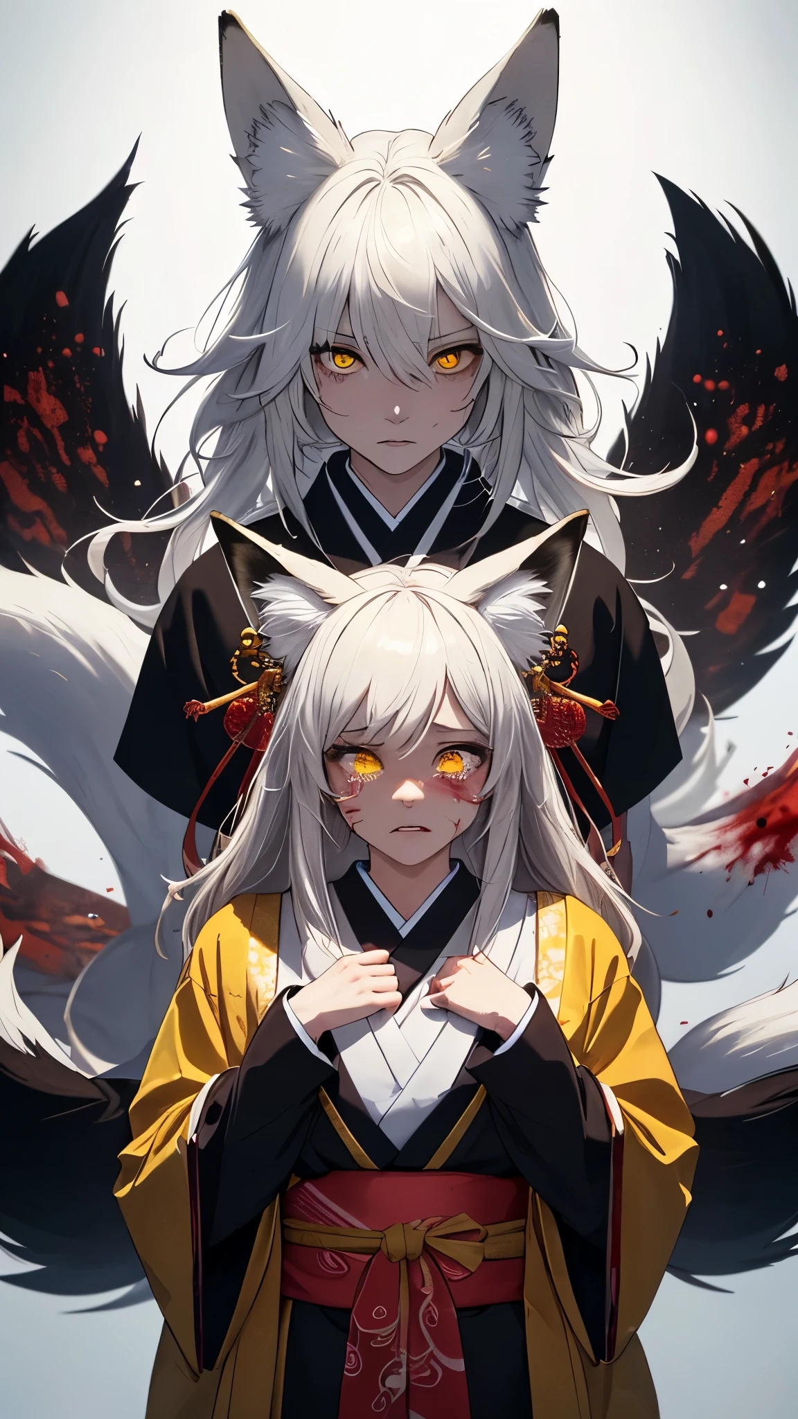 (masterpiece, best_quality, ultra-detailed, immaculate:1.3), portrait, upper body, detailed face, detailed hands, ((1woman:1.5)), epic, kitsune, ((9 tail fox)), foxgirl, japanese spirit, sexy kimono, ((damaged, bloody, Injured, action pose)), ((Defeated pose)), ((dramatic, sadness face expression, crying)), curvy body, messy hair, disheveled hair, animal eyes, yellow fox glowing eyes, priestess of love, priestess of passion, dark deep cave background