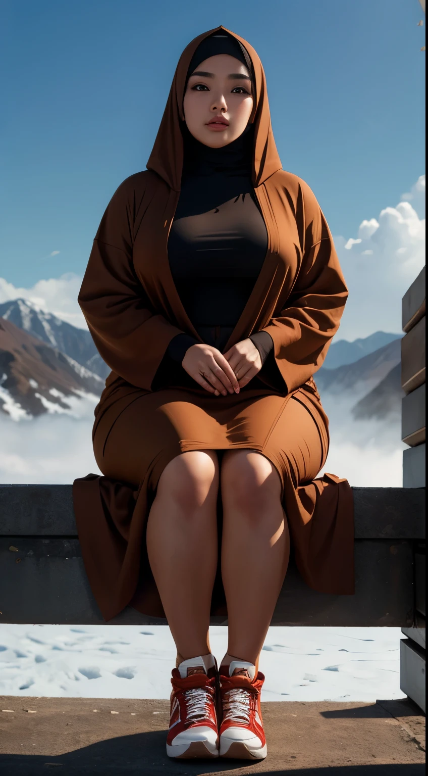 there is a woman sitting down with a longest brown hair, bbwchan, thicc, brown hijab outfit, brown hairstyle model, korean girl, korean woman, wearing brown robe, full length shot, alluring plus sized model, japanese goddess, clothed in hooded, voluptuous and arousing, portrait shot, curvy model, voluptuous body, wonderful, nene tanaka body , bbwchan, The overall atmosphere is smooth , haunting illustrations, extremely high-resolution details, photographic, realism pushed to extreme, fine texture, 4k, ultra-detailed, high quality, high contrast, red sneakers , cold atmosphere ,, cold atmosphere