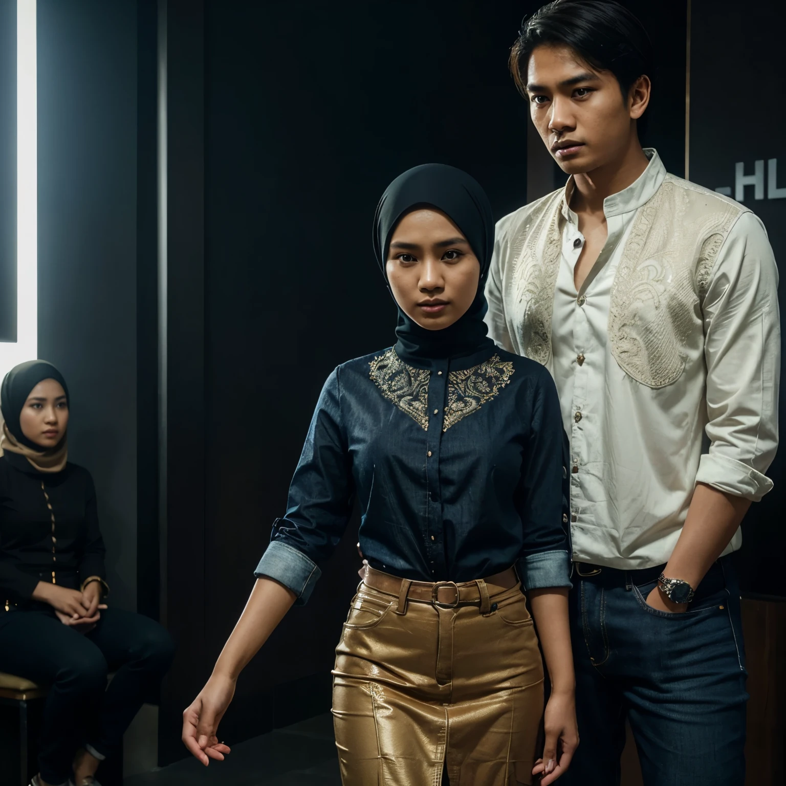 a young Indonesian man standing next to a young Indonesian woman. beautiful young woman, Hijab, blouse shirt, jeans. best quality, realistic, photorealistic, (intricate detail: 1.2), (fine detail), (cinematic light), clear lines, sharp focus, realistic face, detailed face, unity 8k wallpaper, very high resolution, (photorealistic: 1.4), He was looking at the audience