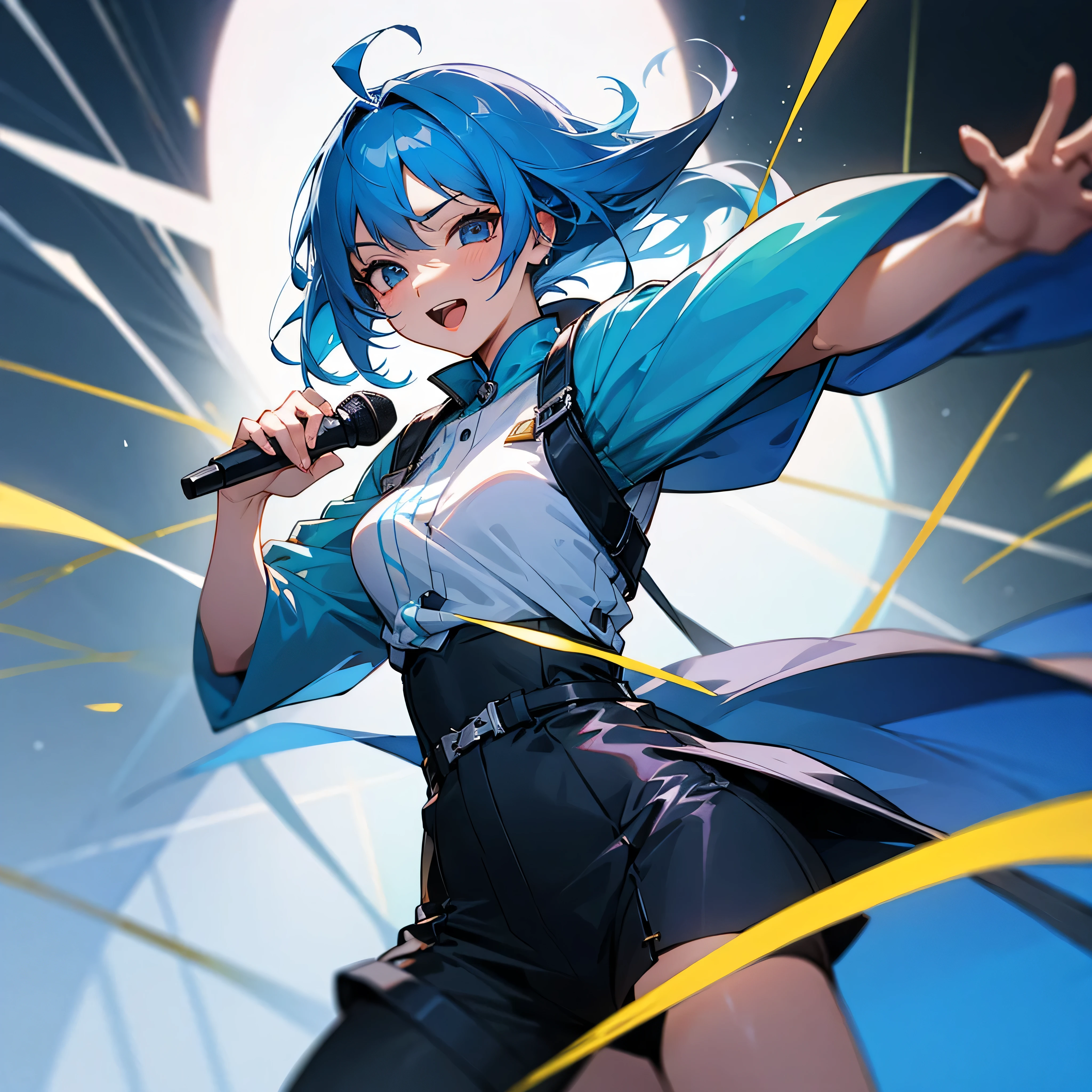 blue hair、juvenile、Microphone in one hand、dynamic pose、stick out one hand、
