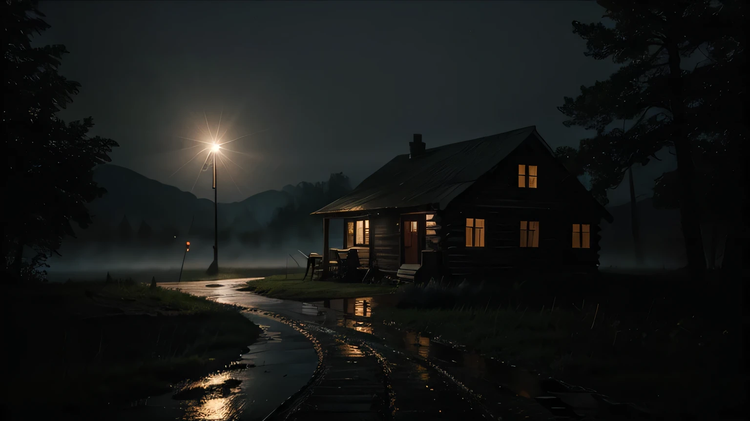 old house, wet ground, smoky, without light in the cabin, at night