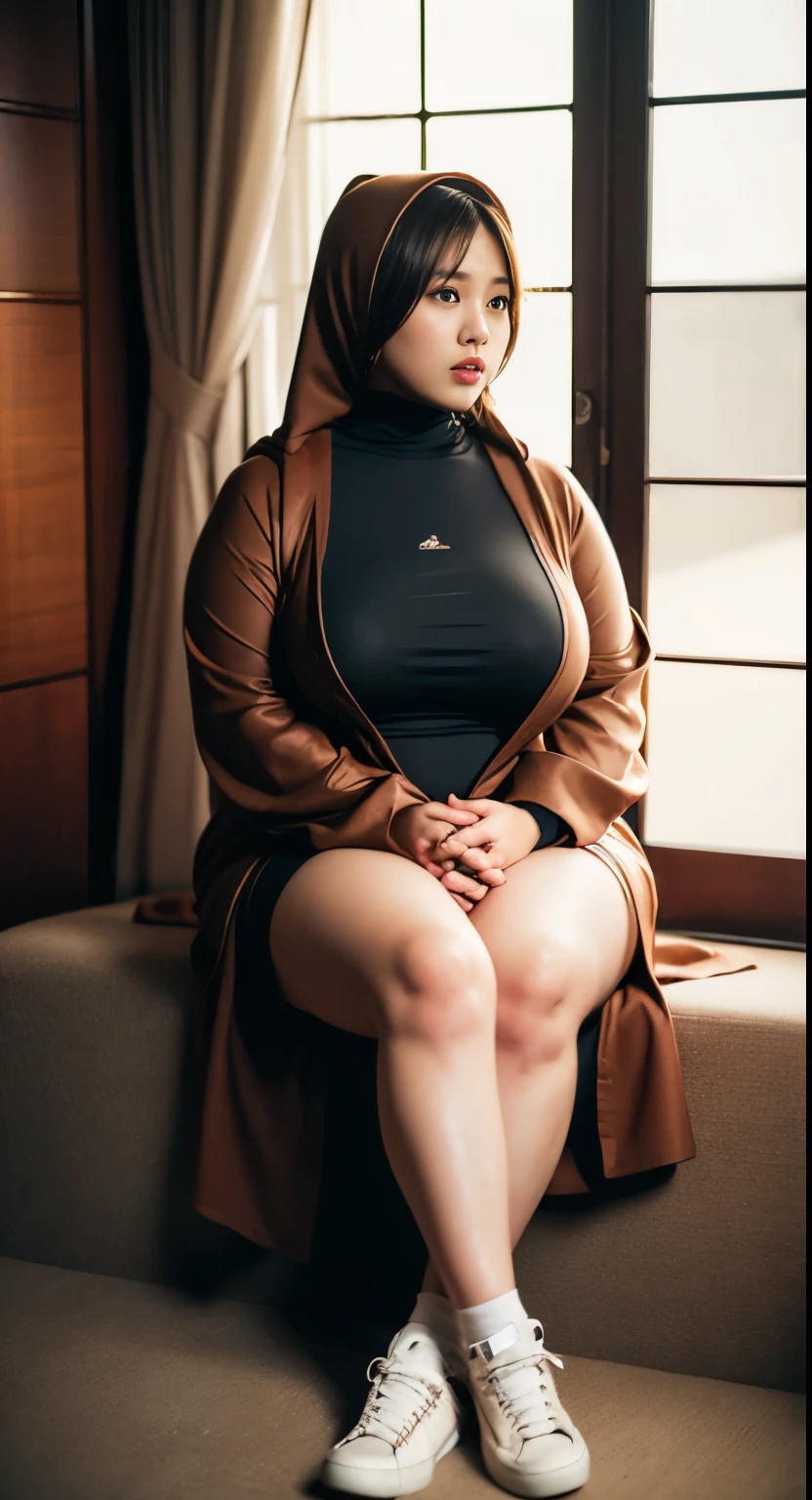 there is a woman sitting down with a longest brown hair, bbwchan, thicc, brown hijab outfit, brown hairstyle model, korean girl, korean woman, wearing brown robe, full length shot, alluring plus sized model, japanese goddess, clothed in hooded, voluptuous and arousing, portrait shot, curvy model, voluptuous body, wonderful, nene tanaka body , bbwchan, The overall atmosphere is smooth , haunting illustrations, extremely high-resolution details, photographic, realism pushed to extreme, fine texture, 4k, ultra-detailed, high quality, high contrast, red sneakers , cold atmosphere ,, cold atmosphere