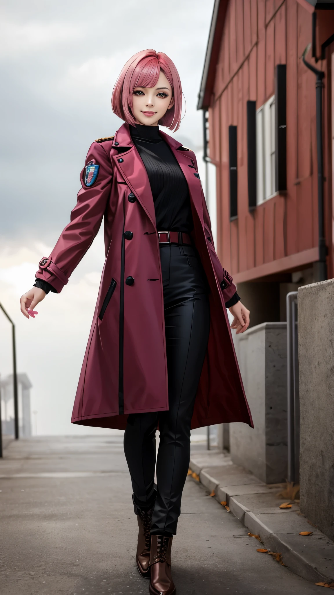 Realistic red Sozabi girl full body photo,short bob cut,hair color is bright pink,brown eyes with double eyelids,smile,natural makeup,background is gray,Coat of arms of the Principality of Zeon,The 16-year-old daughter of Hamankarn and Char Aznable.,