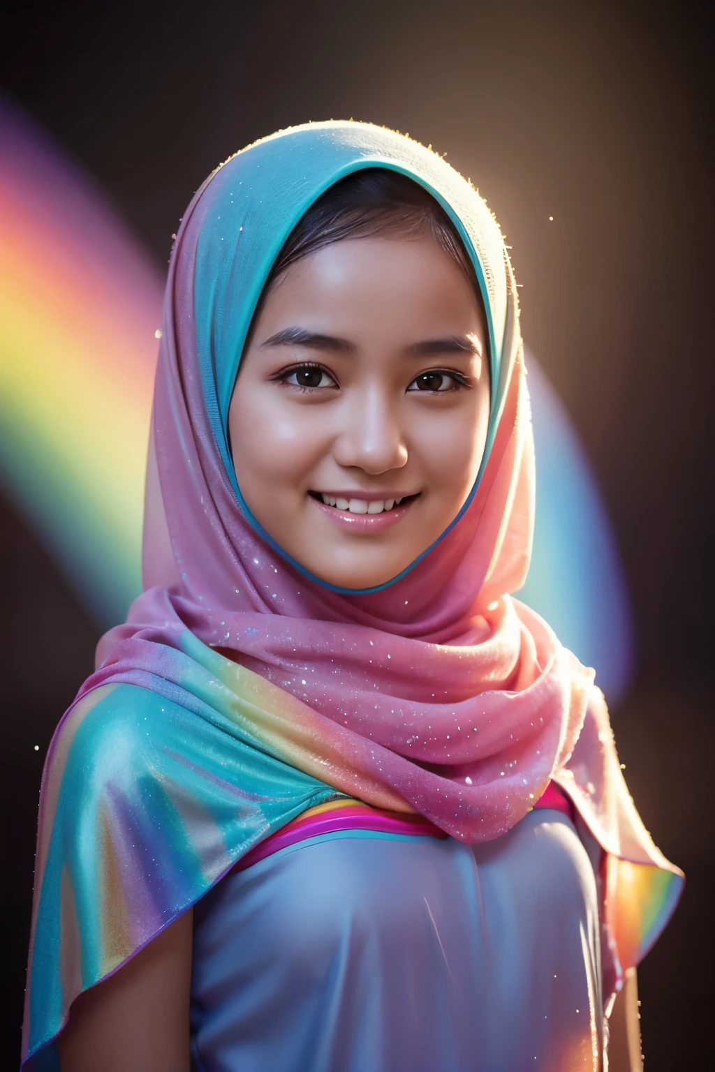 smiling, front, cute, rainbow, 1 javanese girl , modern plain hijab, shy, medium portrait shot , wet , glowing particles, wear rainbow lingerie, light bokeh background,