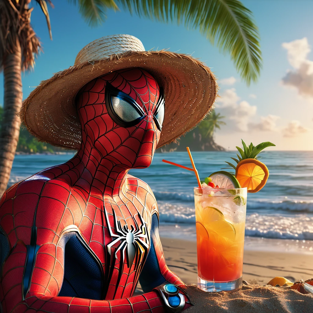 beach parties, aesthetic, extremely detailed, Spiderman, straw hat in the head, drinking a cocktail, sitting in the beach, coconut trees, waves, sands, Hyperrealistic, splash art, concept art, mid shot, intricately detailed, color depth, dramatic, 2/3 face angle, side light, colorful background, (best quality, 4k, 8k, highres, masterpiece:1.2), ultra-detailed, (realistic, photorealistic, photo-realistic:1.37), HDR, UHD, studio lighting, extreme detail description, professional, vivid colors, bokeh, beach, portraits, landscape