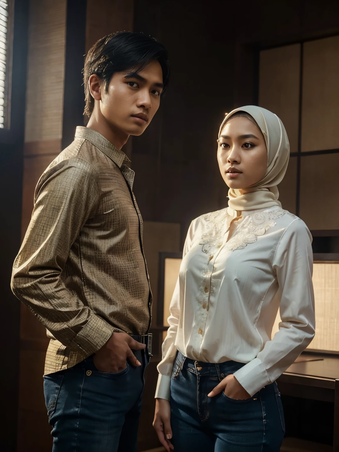 a young Indonesian man standing next to a young Indonesian woman. beautiful young woman, Hijab, blouse shirt, jeans. best quality, realistic, photorealistic, (intricate detail: 1.2), (fine detail), (cinematic light), clear lines, sharp focus, realistic face, detailed face, unity 8k wallpaper, very high resolution, (photorealistic: 1.4), He was looking at the audience