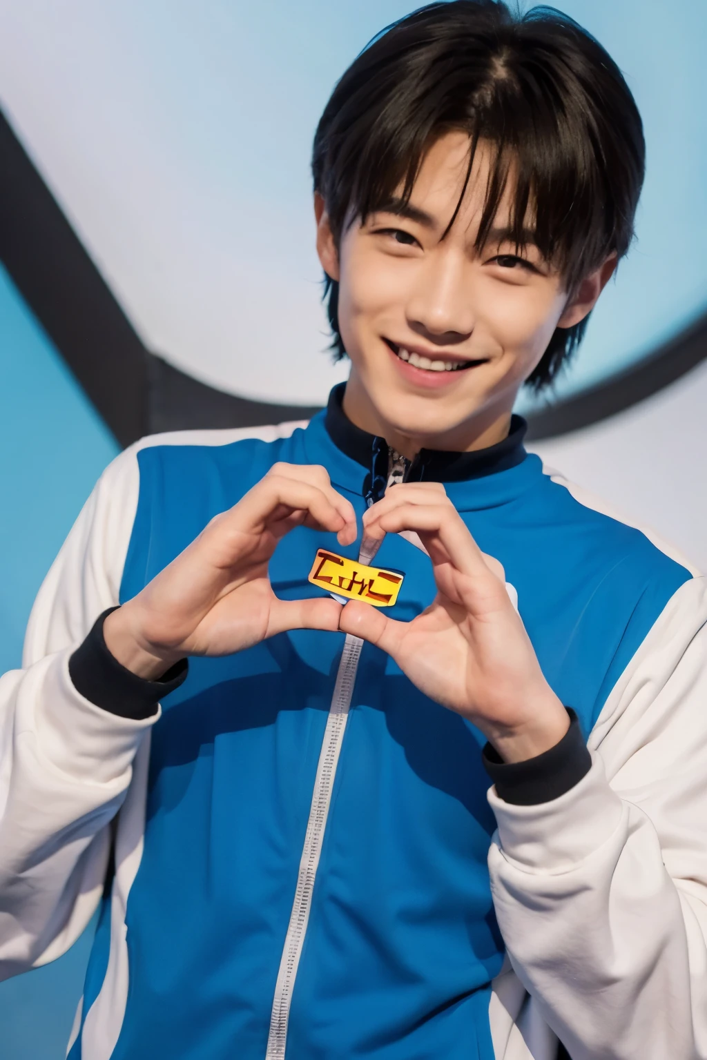 A smiling man wearing a DHL sport shart and making a heart with his hands for International Women's Day,