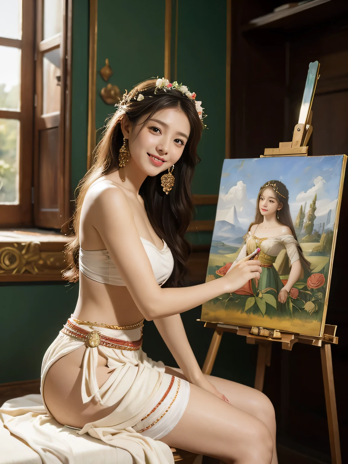 Giorgione painting style,roses in vase、fruits、Cute trinkets、smile、ancient greek costume、Clothes that stretch your shoulders、A big smile、beautiful bare skin,Female painter painting oil in her studio,Woman painting in oil with oil brush and palette,Woman painting oil on canvas