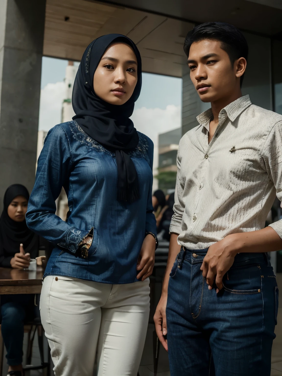 a young Indonesian man standing next to a young Indonesian woman. beautiful young woman, Hijab, blouse shirt, jeans. best quality, realistic, photorealistic, (intricate detail: 1.2), (fine detail), (cinematic light), clear lines, sharp focus, realistic face, detailed face, unity 8k wallpaper, very high resolution, (photorealistic: 1.4), He was looking at the audience