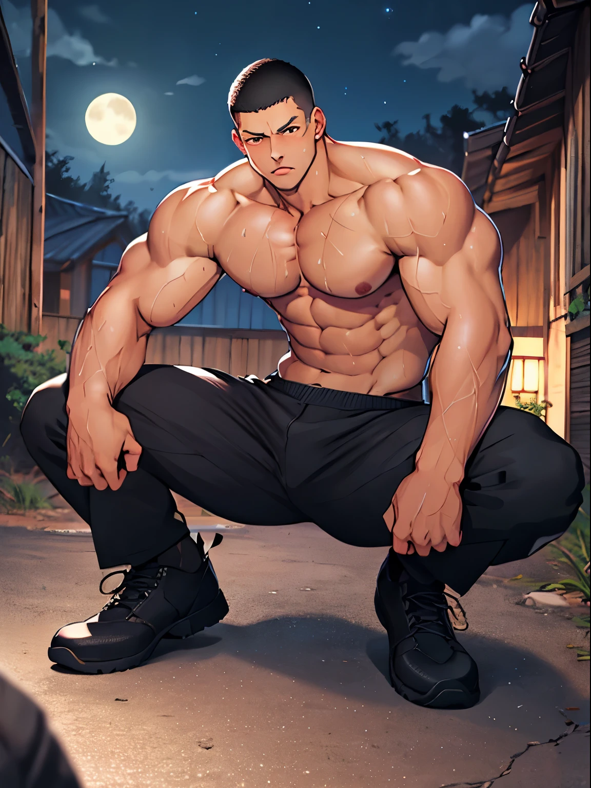 masterpiece, best quality, extremely detailed, full body,anime,man,middle age, rugged, {{{{{muscular}}}}}},buzz cut,Topless、regrettable、night