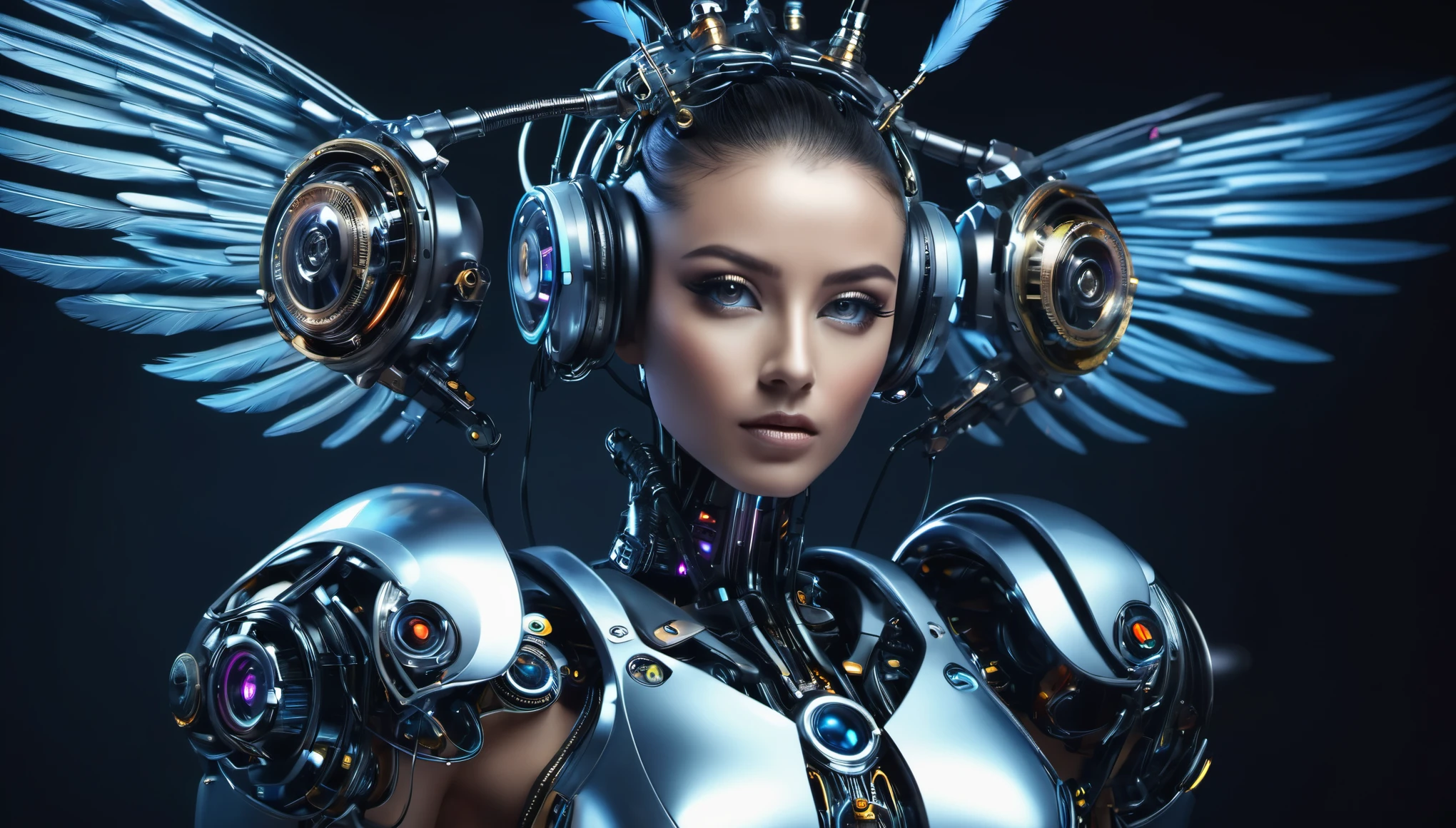 futuristic cyborg, (orejas de conejo)，pelo largo y brillante，((Un par de alas enormes)),Their wings are technological marvels., A combination of sturdy metal frame and delicate feather gears in the machine body.)),(calzado),metal brillante。(looking to the camera，center symmetry)，De pie en una calle desierta de la ciudad，color vivo,Light trails and neon lights in the background,Sci-Fi Art Style.The lighting is spectacular., Bright areas contrast sharply with deep shadows, Creates a feeling of depth and dimension.. The overall composition is vibrant and captivating, (Centrado en chicas robot), Exuda poder, elegancia, There's also a touch of mystery.(Mejor calidad),4k,8K,(pieza alta:1.2),(ultra detallado),(realista:1.37).