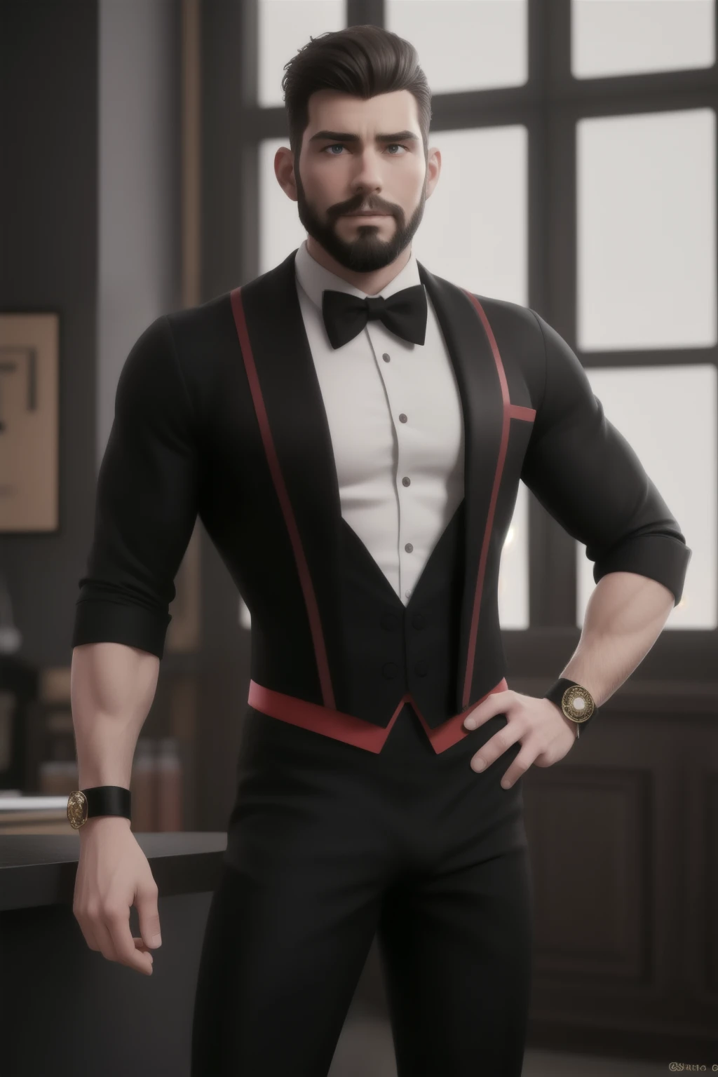 (BDBUNNY, BLACK LEOTARD, RED LEOTARD, BOW TIE, WRIST CUFFS), bulge, (STANDING, COWBOY SHOT, muscular male, beard, white skin, pale skin, DARKNESS), (solo male, bara, mature, short hair, stubble), handsome, solo male, male focus, cinematic lighting, realistic,