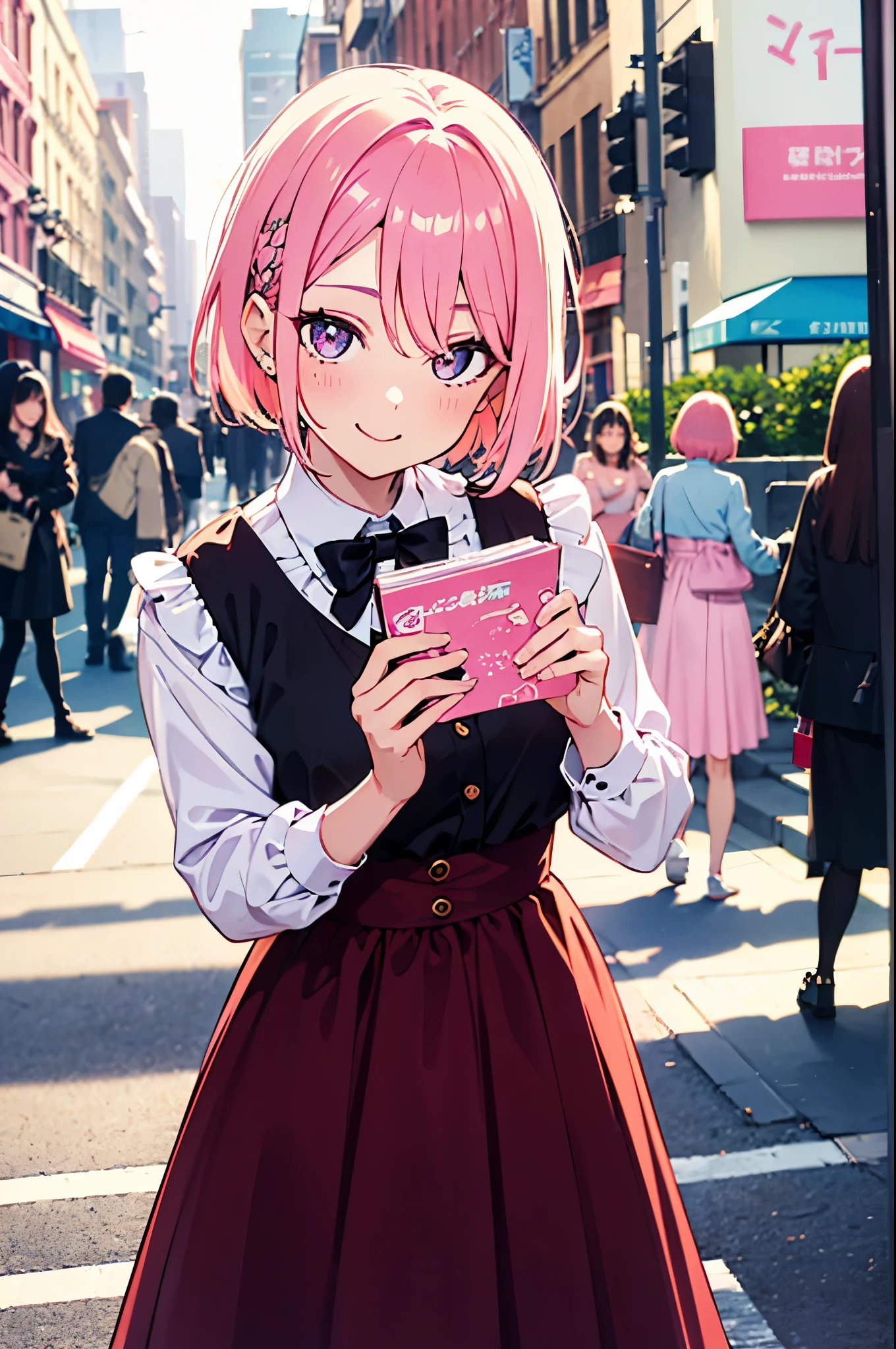 ultra-detailed face, ((dropping eyes)), cute girl, vibrant colors, soft natural lighting, bokeh effect. spring outfit, flawless makeup, professional photography, street snapshot, (happy expression), pink hair, short hair, long skirt