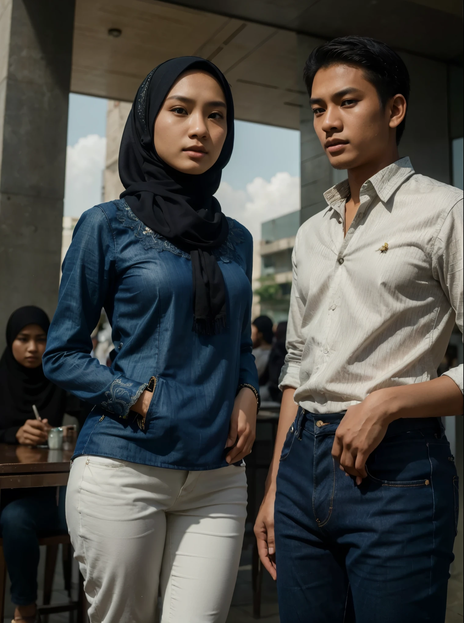 a young Indonesian man standing next to a young Indonesian woman. beautiful young woman, Hijab, blouse shirt, jeans. best quality, realistic, photorealistic, (intricate detail: 1.2), (fine detail), (cinematic light), clear lines, sharp focus, realistic face, detailed face, unity 8k wallpaper, very high resolution, (photorealistic: 1.4), He was looking at the audience