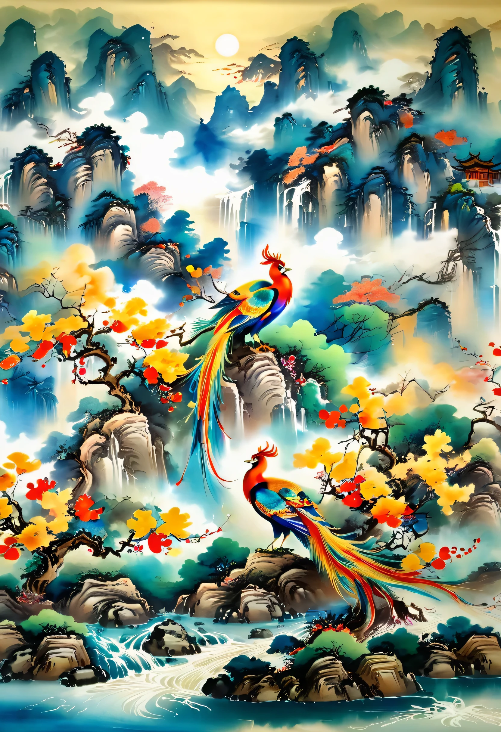Colorful Chinese Phoenix，plane trees，surrounded by flames，[(White background:1.5)::5]，中景 the scene is，Full body female love，Chinese style，Floral fragrance，stone fragments，Beautiful and exquisite Chinese Phoenix，（thin strokes：1.1）, Dynamic depiction, Vivid and real, Glamorous charm, rich pictures, 8k, ink painting, Art Deco, expected insert,  wide angle, Super details, best quality, high resolution
