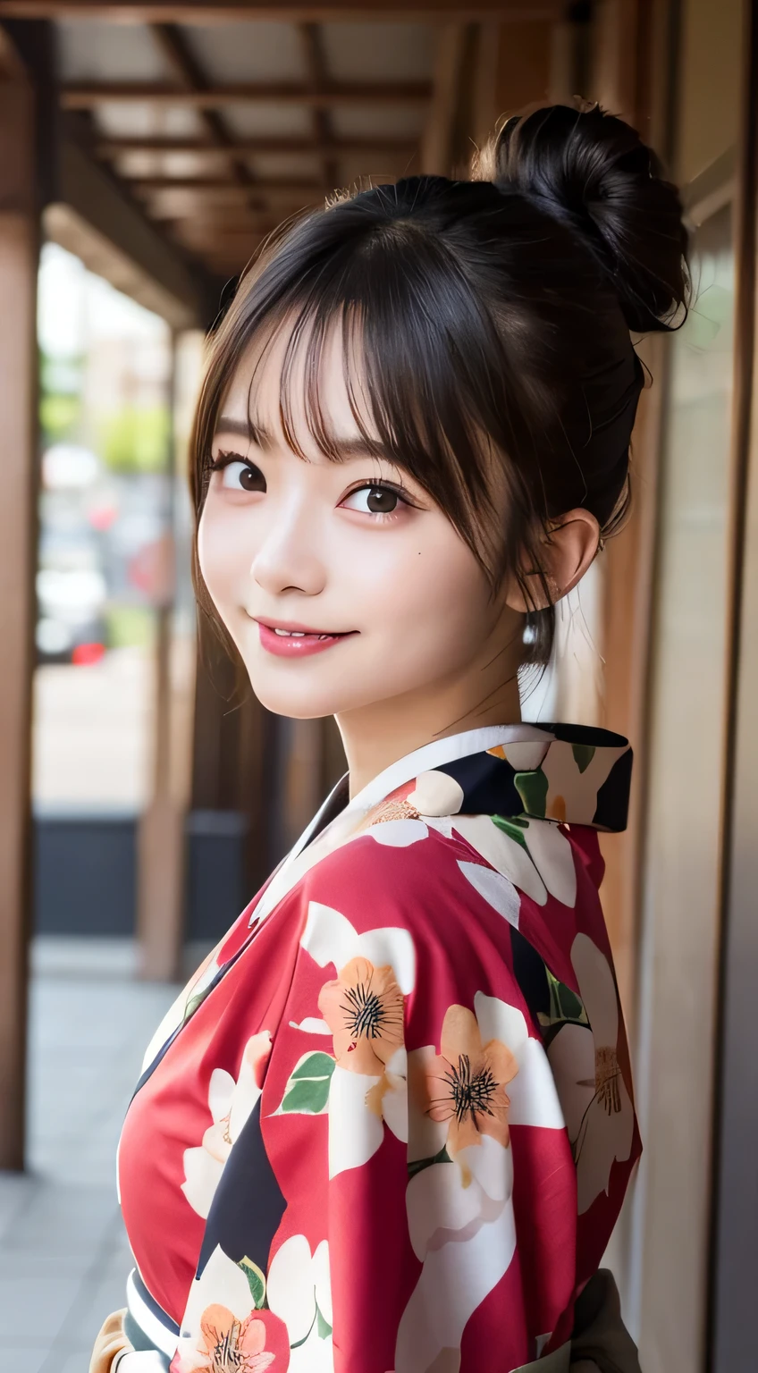 table top, highest quality, shape, Super detailed, finely, High resolution, 8k wallpaper, 完璧なダイナミックな構shape, finelyて美しい目,bun hair,small breasts natural color lip, sexy pose,smile,Harajuku、20 year old girl、cute、looking at camera, kimono