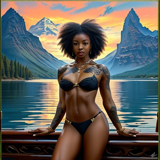 ultra-detailed, high ((best quality)), ((art)), majestic and intricately detailed smooth oil painting (beautiful black woman,Nigerian, muscular body, full body afro tattoos, in a lake), exquisite and elegant, cubism style, Salvador Dali style -ar 9:16 - v6