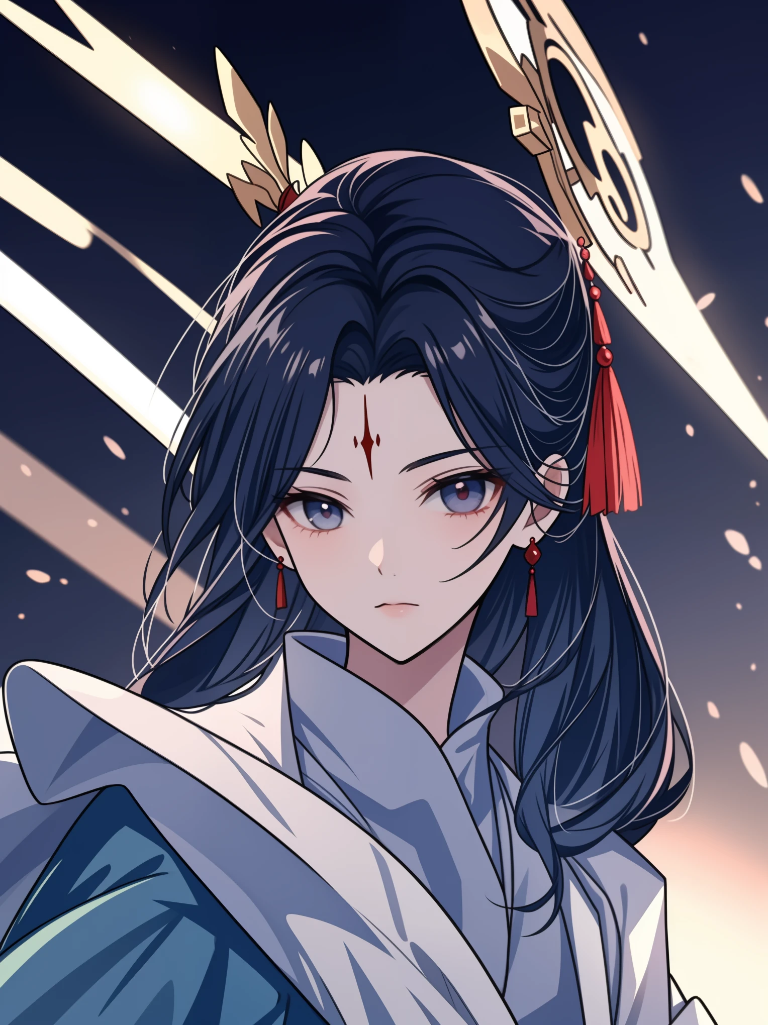 (extremely detailed 8K wallpaper),(ultra-detailed),(best quality),(masterpiece),(highly detailed),(cinematic lighting),(Original),Cold ligh，moody,(Chinese elaborate-style painting ),ink style,32K depth of field,1girl,solo,((busts)),((red marks on forehead)),(((villain image)))