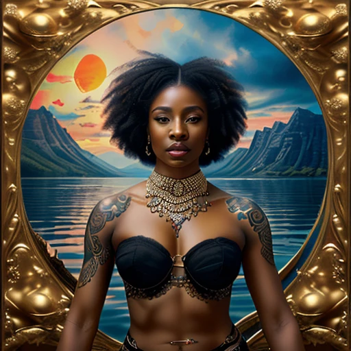 ultra-detailed, high ((best quality)), ((art)), majestic and intricately detailed smooth oil painting (beautiful woman,Nigerian, 1 arena fighting with a lion,muscular body, graceful,sensuality, orgasm, eroticism,tattoos afro all over the body, refined and elegant, cubism style, Salvador Dali style -ar 9:16 - v6