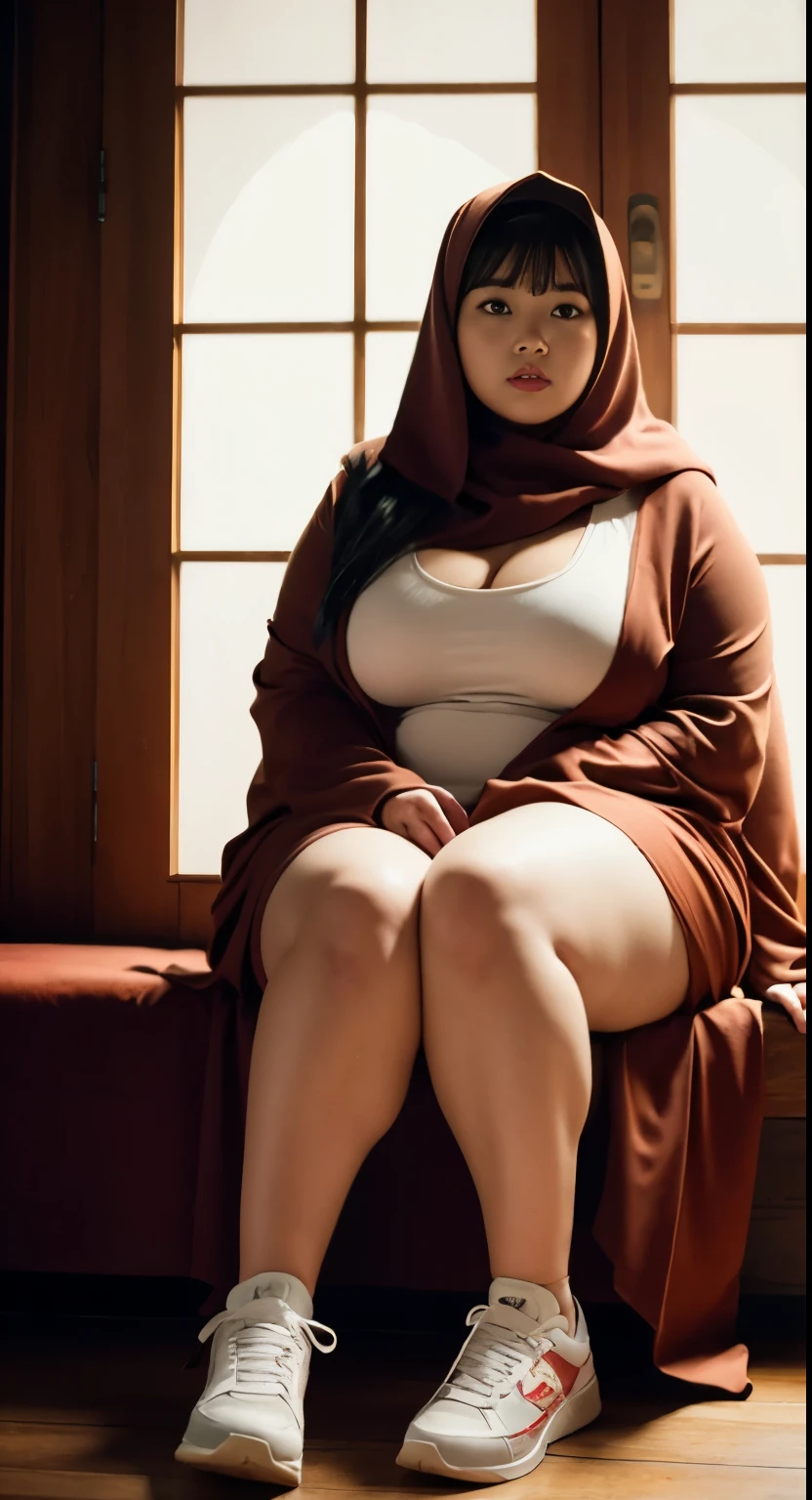 there is a woman sitting down with a longest brown hair, bbwchan, thicc, brown hijab outfit, brown hairstyle model, korean girl, korean woman, wearing brown robe, full length shot, alluring plus sized model, japanese goddess, clothed in hooded, voluptuous and arousing, portrait shot, curvy model, voluptuous body, wonderful, nene tanaka body , bbwchan, The overall atmosphere is smooth , haunting illustrations, extremely high-resolution details, photographic, realism pushed to extreme, fine texture, 4k, ultra-detailed, high quality, high contrast, red sneakers , cold atmosphere ,, cold atmosphere