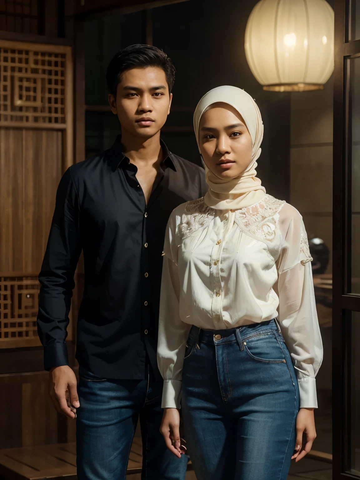 a young Indonesian man standing next to a young Indonesian woman. beautiful young woman, Hijab, blouse shirt, jeans. best quality, realistic, photorealistic, (intricate detail: 1.2), (fine detail), (cinematic light), clear lines, sharp focus, realistic face, detailed face, unity 8k wallpaper, very high resolution, (photorealistic: 1.4), He was looking at the audience