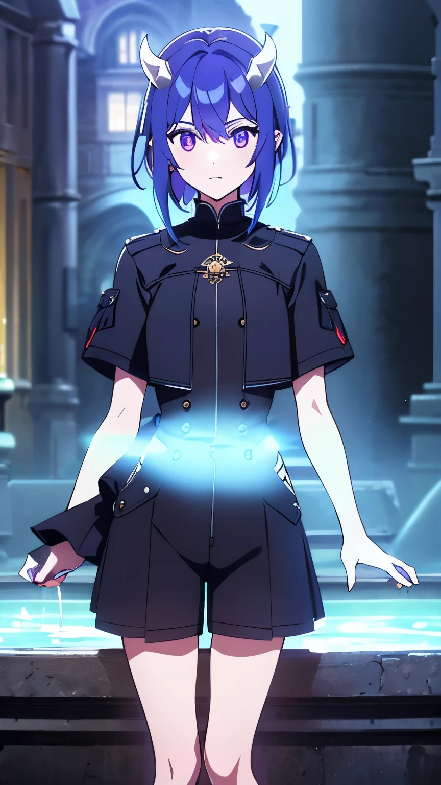1 boy ,(big Stigmata), non binary, androgynous, School courtyard, (floating hair), ((in courtyard fountain)), character focus, ((black light)),((dark lighting)), cinematic lighting ,(darkness), (concept art), ((innocent face)), blue short straight hair, light blue hair color, dragonoid girl, short, short blue hairy, glowing bluish-purple horns, bluey-purple eye color, (glowing eyes), high resolution,(incredibly absurdres) ,extremely detailed CG unity 8k wallpaper, ((masterpiece)), ((top-quality)), (beautiful illustration), ((an extremely delicate and beautiful)), (masterpiece, Best quality, ultra high resolution), 1 girl, pale skin, Black Crown, purple eyes, Luminous_eyes, neon blue eyes, ultra detailed eyes, Beautiful and detailed face, detailed eyes, (Centered, torso), (wide shot:0.9), facing the viewer, Eye level, flat chested, flat chest, cup size AAA, Wearing black cargo shorts, sharp horns, blue horns on top of head