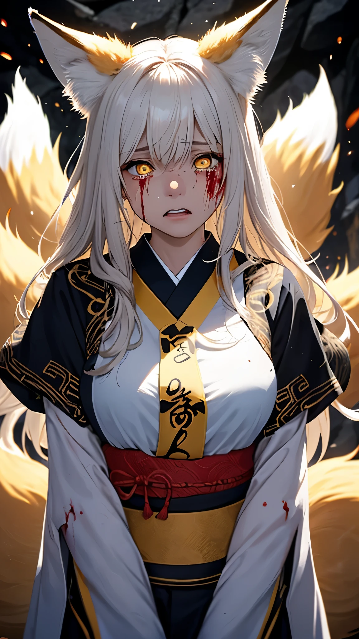 (masterpiece, best_quality, ultra-detailed, immaculate:1.3), portrait, upper body, detailed face, detailed hands, ((1girl:1.35)), epic, kitsune, ((9 tail fox)), foxgirl, japanese spirit, sexy kimono, ((damaged, bloody, Injured, action pose)), ((Defeated pose)), ((dramatic, sadness face expression, crying)), curvy body, messy hair, disheveled hair, animal eyes, yellow fox glowing eyes, priestess of love, priestess of passion, dark deep cave background