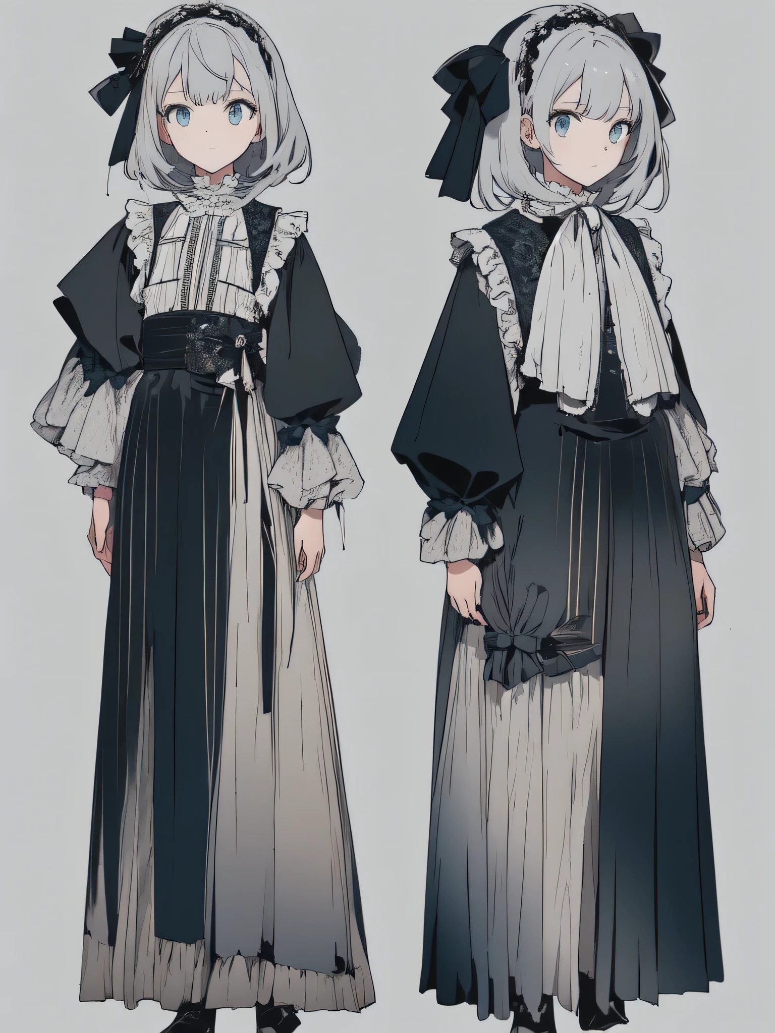 ((masterpiece)), (highest quality))), (character design sheet, National costume, same character, front, ~ ~ side, return), shape, 1 girl, whole body, silver hair, eyes hair, beautiful eyes, princess cut, Site of environmental change, short skirt, Shyness, woman, girl, Are standing, Gothic Lolita, V tuber, (simple returnground, white returnground: 1.3) ( masterpiece:1.2), (highest quality:1.3)