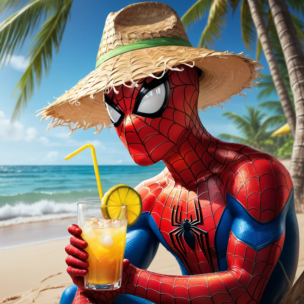 beach parties, aesthetic, extremely detailed, Spiderman, straw hat in the head, drinking a cocktail, sitting in the beach, coconut trees, waves, sands, Hyperrealistic, splash art, concept art, mid shot, intricately detailed, color depth, dramatic, 2/3 face angle, side light, colorful background, (best quality, 4k, 8k, highres, masterpiece:1.2), ultra-detailed, (realistic, photorealistic, photo-realistic:1.37), HDR, UHD, studio lighting, extreme detail description, professional, vivid colors, bokeh, beach, portraits, landscape